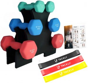 Tackly kit de mancuernas de neopreno 1- 3kg + cintas elásticas musculación fitness y soporte - Juego de pesas y mancuernas gimnasio en casa 1kg 2kg 3kg -...